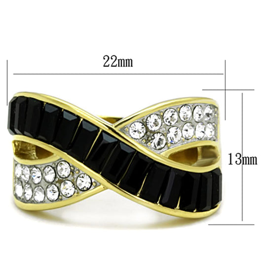 Two Tone IP Gold (Ion Plating) Stainless Steel Ring with Top Grade Crystal  in Jet TK1577