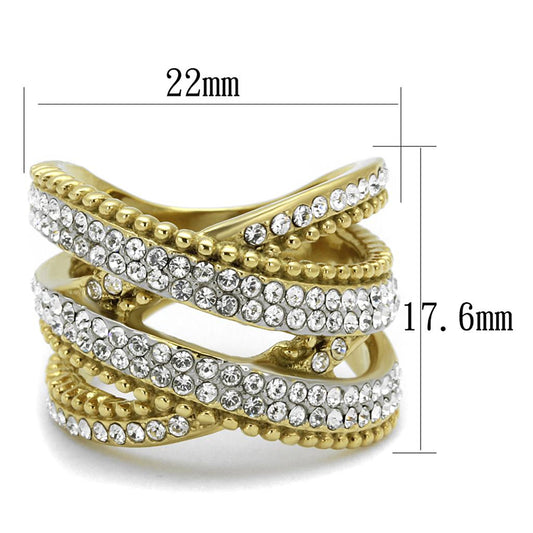 Two Tone IP Gold (Ion Plating) Stainless Steel Ring with Top Grade Crystal  in Clear TK2252