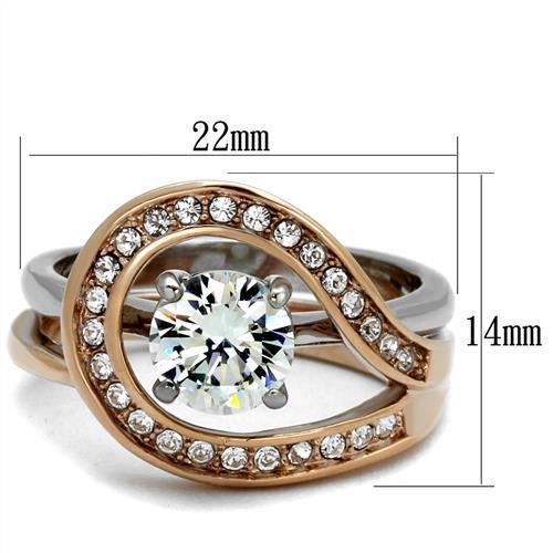 Two Tone IP Rose Gold Stainless Steel Ring with AAA Grade CZ  in Clear TK2479