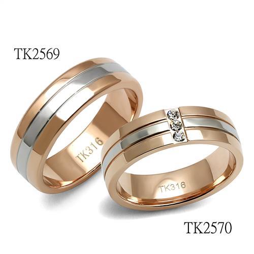 Two Tone IP Rose Gold Stainless Steel Ring with Top Grade Crystal  in Clear TK2570