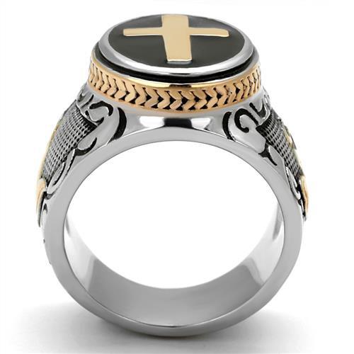 Two Tone IP Rose Gold Stainless Steel Ring with Epoxy  in Jet TK2623