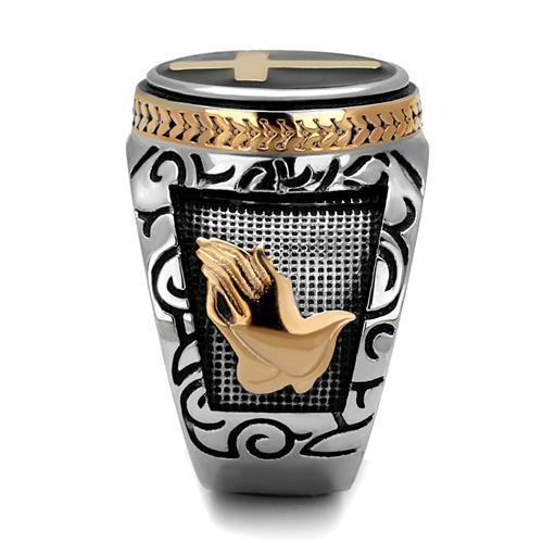 Two Tone IP Rose Gold Stainless Steel Ring with Epoxy  in Jet TK2623