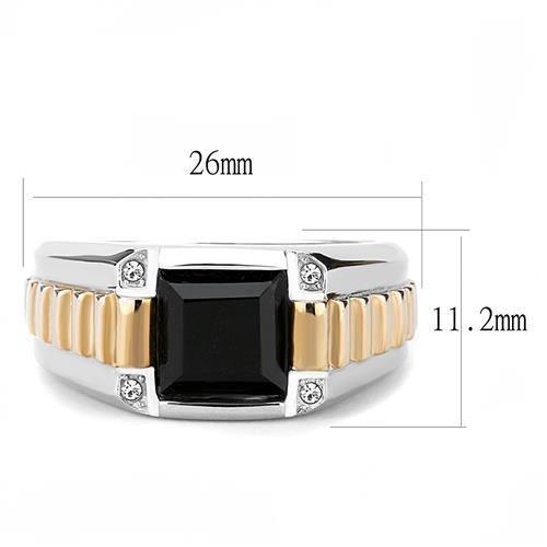 Two Tone IP Rose Gold Stainless Steel Ring with Synthetic Onyx in Jet TK3227