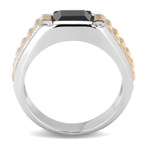 Two Tone IP Rose Gold Stainless Steel Ring with Synthetic Onyx in Jet TK3227