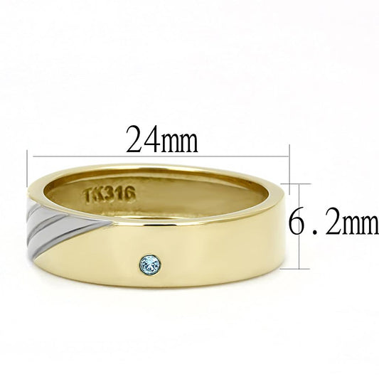 Two Tone IP Gold (Ion Plating) Stainless Steel Ring with Top Grade Crystal  in Sea Blue TK3267