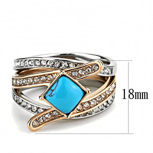 Two Tone IP Rose Gold Stainless Steel Ring with Synthetic Turquoise in Sea Blue TK3519