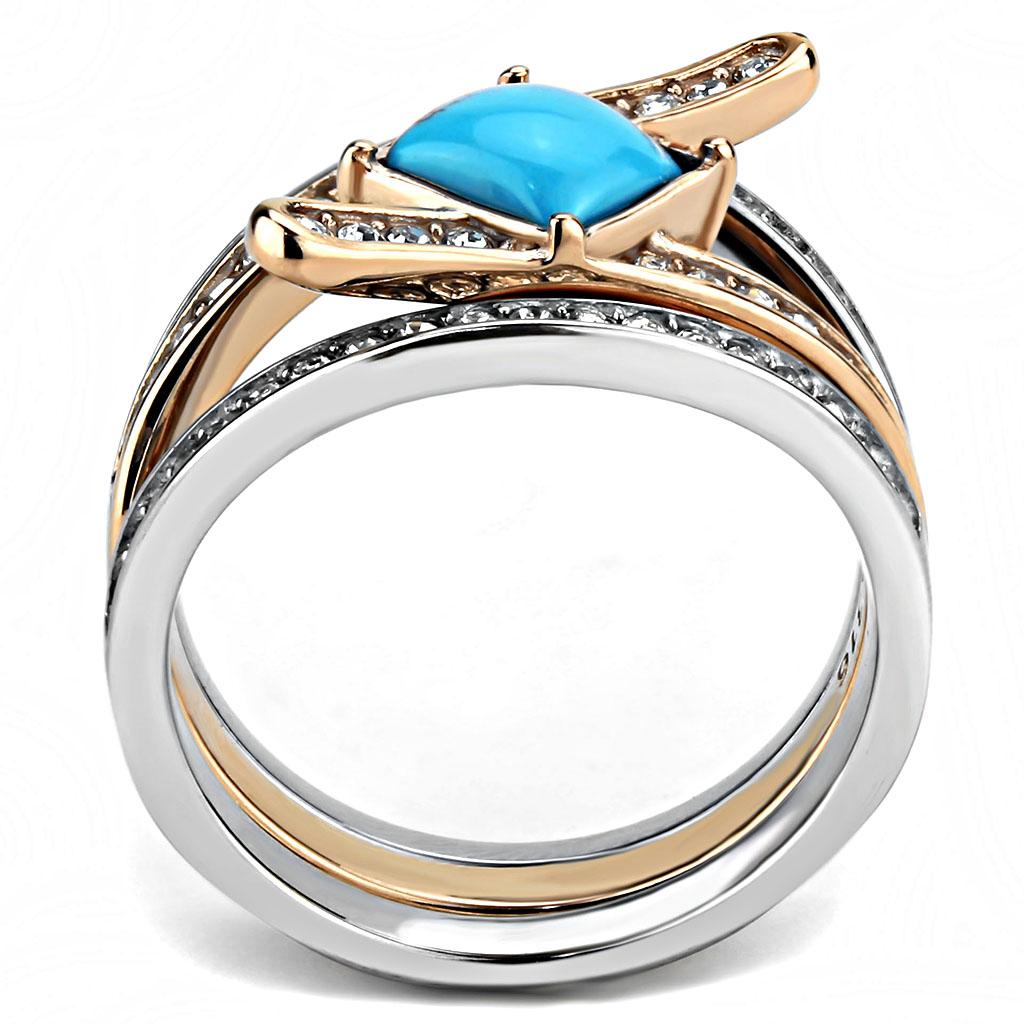 Two Tone IP Rose Gold Stainless Steel Ring with Synthetic Turquoise in Sea Blue TK3519