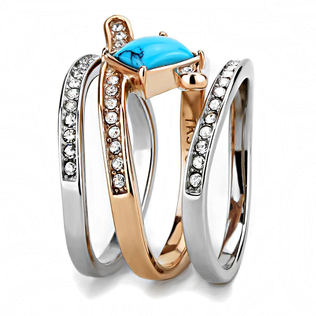 Two Tone IP Rose Gold Stainless Steel Ring with Synthetic Turquoise in Sea Blue TK3519