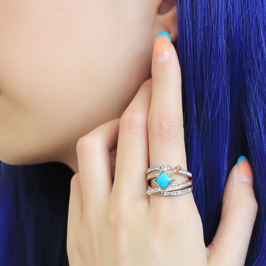 Two Tone IP Rose Gold Stainless Steel Ring with Synthetic Turquoise in Sea Blue TK3519