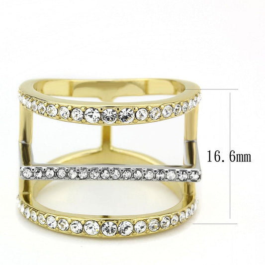 Two Tone IP Gold (Ion Plating) Stainless Steel Ring with Top Grade Crystal  in Clear TK3593