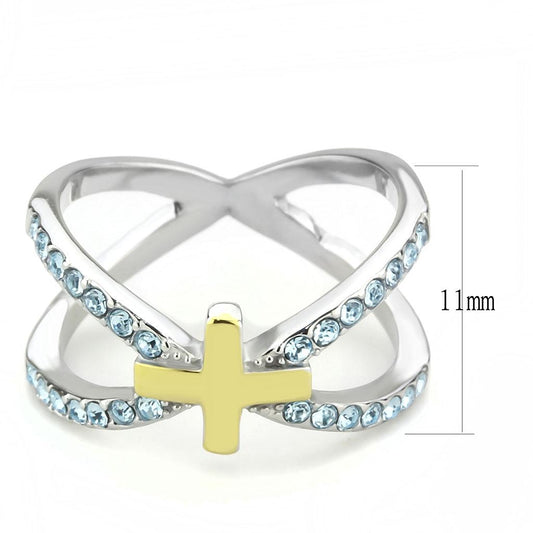 Two Tone IP Gold (Ion Plating) Stainless Steel Ring with Top Grade Crystal  in Sea Blue TK3636