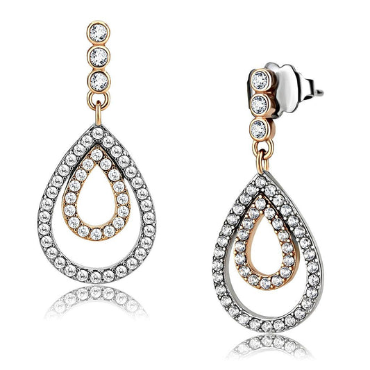  Two Tone IP Rose Gold Stainless Steel Earrings with AAA Grade CZ  in Clear DA227  