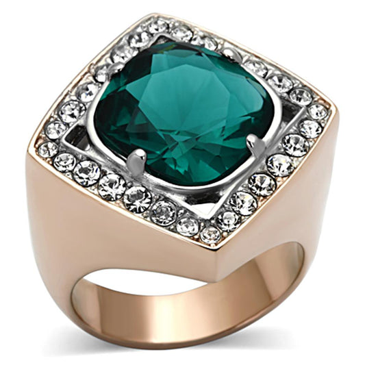  Two Tone IP Rose Gold Stainless Steel Ring with Synthetic Synthetic Glass in Blue Zircon TK1160  
