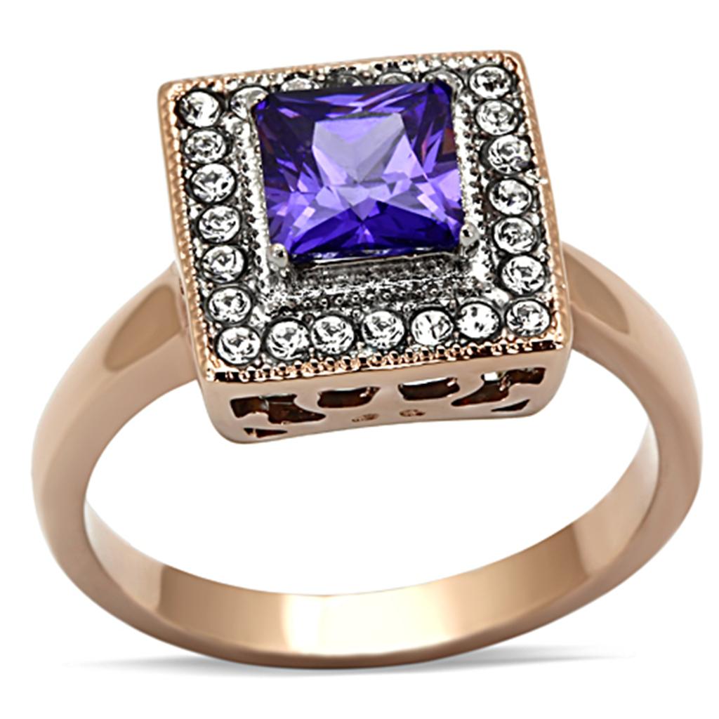  Two Tone IP Rose Gold Stainless Steel Ring with AAA Grade CZ  in Tanzanite TK1162  