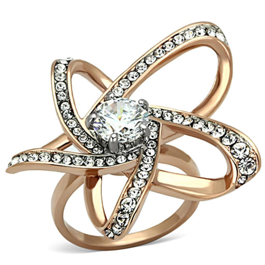  Two Tone IP Rose Gold Stainless Steel Ring with AAA Grade CZ  in Clear TK1170  