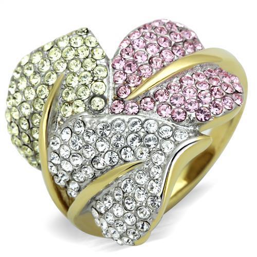  Two Tone IP Gold (Ion Plating) Stainless Steel Ring with Top Grade Crystal  in Multi Color TK1441  