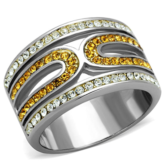  Two Tone IP Gold (Ion Plating) Stainless Steel Ring with Top Grade Crystal  in Topaz TK1555  