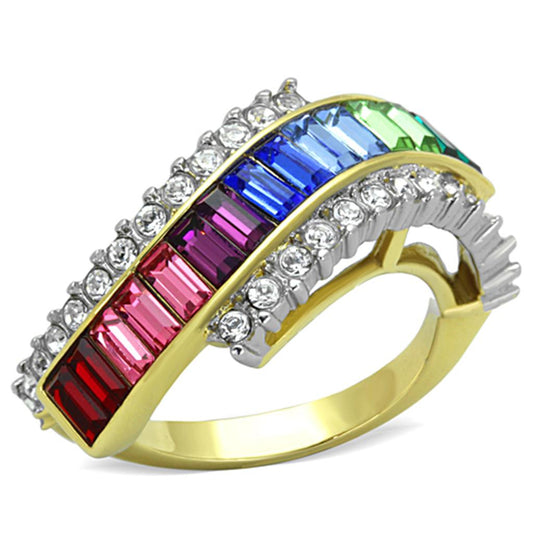  Two Tone IP Gold (Ion Plating) Stainless Steel Ring with Top Grade Crystal  in Multi Color TK1575  
