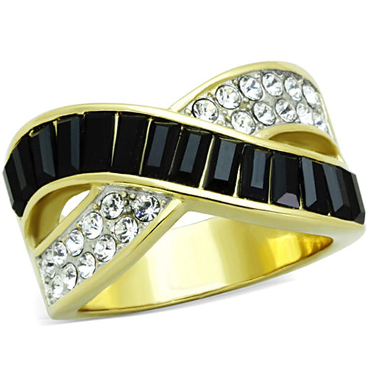  Two Tone IP Gold (Ion Plating) Stainless Steel Ring with Top Grade Crystal  in Jet TK1577  