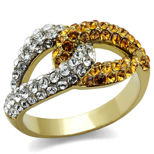  Two Tone IP Gold (Ion Plating) Stainless Steel Ring with Top Grade Crystal  in Topaz TK2251  