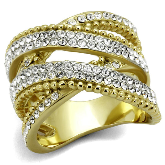  Two Tone IP Gold (Ion Plating) Stainless Steel Ring with Top Grade Crystal  in Clear TK2252  