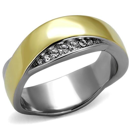  Two Tone IP Gold (Ion Plating) Stainless Steel Ring with Top Grade Crystal  in Clear TK2264  