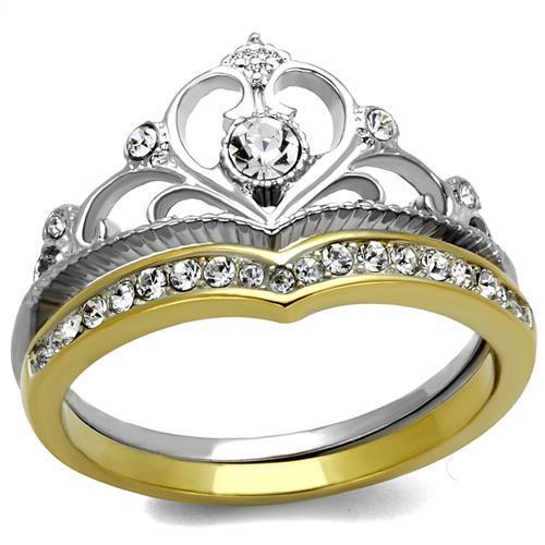  Two Tone IP Gold (Ion Plating) Stainless Steel Ring with Top Grade Crystal  in Clear TK2294  