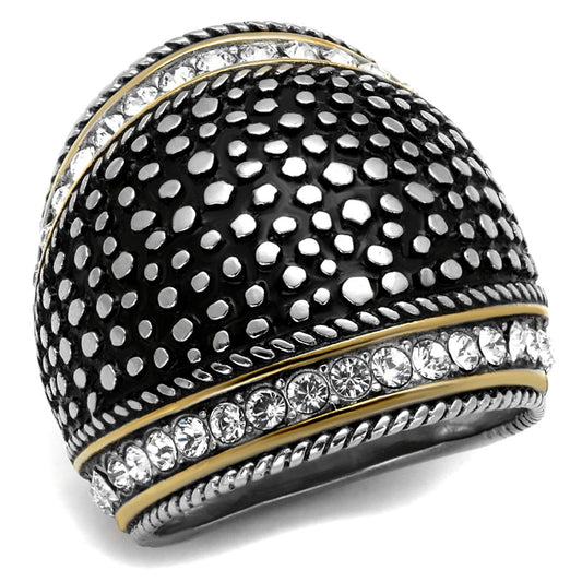  Two Tone IP Gold (Ion Plating) Stainless Steel Ring with Top Grade Crystal  in Clear TK2369  