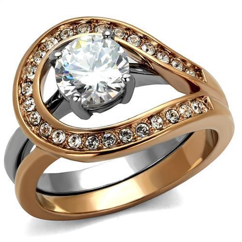  Two Tone IP Rose Gold Stainless Steel Ring with AAA Grade CZ  in Clear TK2479  