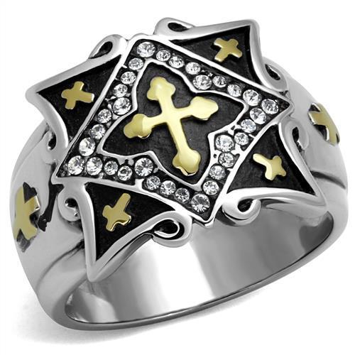  Two Tone IP Gold (Ion Plating) Stainless Steel Ring with Top Grade Crystal  in Clear TK2517  