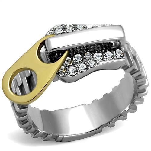  Two Tone IP Gold (Ion Plating) Stainless Steel Ring with Top Grade Crystal  in Clear TK2520  