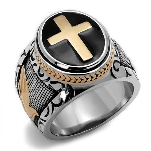  Two Tone IP Rose Gold Stainless Steel Ring with Epoxy  in Jet TK2623  