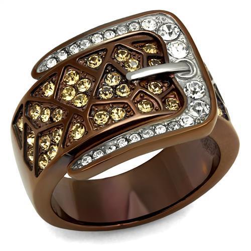  Two Tone IP Light Brown (IP Light coffee) Stainless Steel Ring with Top Grade Crystal  in Citrine Yellow TK2770  