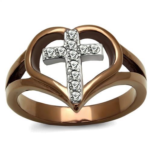  Two Tone IP Light Brown (IP Light coffee) Stainless Steel Ring with Top Grade Crystal  in Clear TK2802  