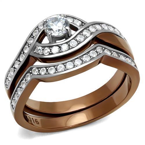  Two Tone IP Light Brown (IP Light coffee) Stainless Steel Ring with AAA Grade CZ  in Clear TK2953  