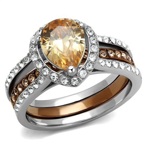  Two Tone IP Light Brown (IP Light coffee) Stainless Steel Ring with AAA Grade CZ  in Champagne TK2961  