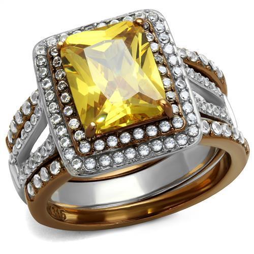  Two Tone IP Light Brown (IP Light coffee) Stainless Steel Ring with AAA Grade CZ  in Topaz TK2962  