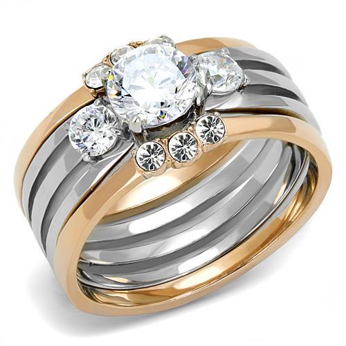  Two Tone IP Rose Gold Stainless Steel Ring with AAA Grade CZ  in Clear TK3212  