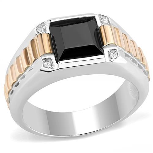 Two Tone IP Rose Gold Stainless Steel Ring with Synthetic Onyx in Jet TK3227  