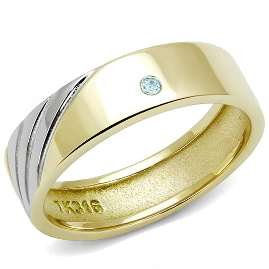  Two Tone IP Gold (Ion Plating) Stainless Steel Ring with Top Grade Crystal  in Sea Blue TK3267  