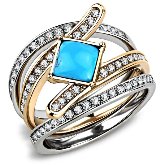  Two Tone IP Rose Gold Stainless Steel Ring with Synthetic Turquoise in Sea Blue TK3519  