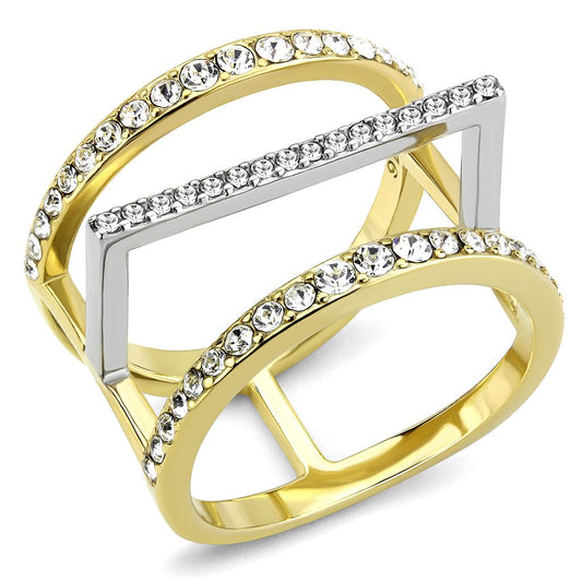  Two Tone IP Gold (Ion Plating) Stainless Steel Ring with Top Grade Crystal  in Clear TK3593  
