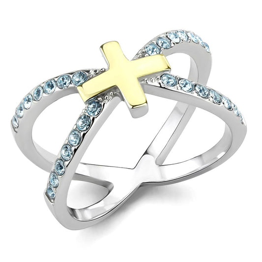  Two Tone IP Gold (Ion Plating) Stainless Steel Ring with Top Grade Crystal  in Sea Blue TK3636  