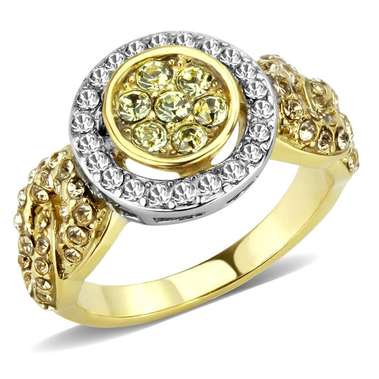  Two Tone IP Gold (Ion Plating) Stainless Steel Ring with Top Grade Crystal  in Multi Color TK3704  