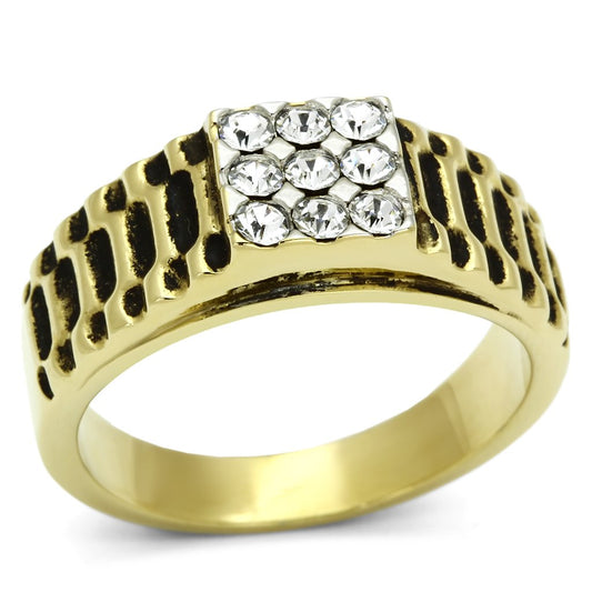  Two Tone IP Gold (Ion Plating) Stainless Steel Ring with Top Grade Crystal  in Clear TK753  