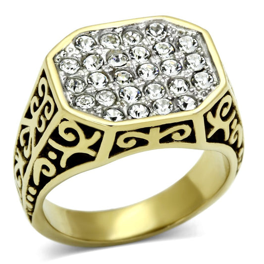  Two Tone IP Gold (Ion Plating) Stainless Steel Ring with Top Grade Crystal  in Clear TK757  