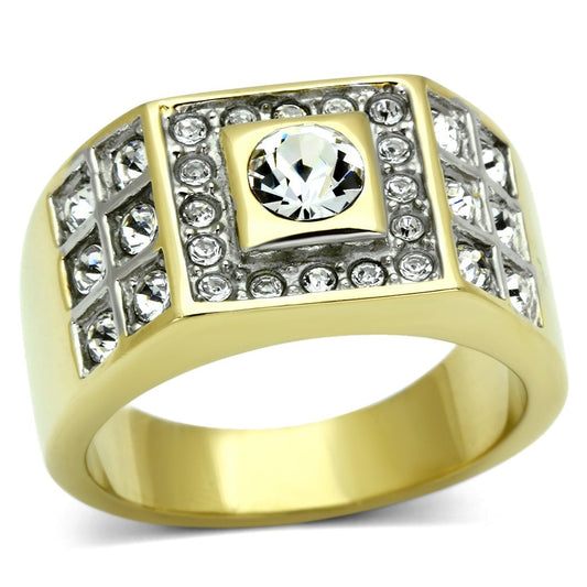  Two Tone IP Gold (Ion Plating) Stainless Steel Ring with Top Grade Crystal  in Clear TK762  