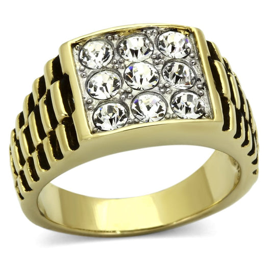  Two Tone IP Gold (Ion Plating) Stainless Steel Ring with Top Grade Crystal  in Clear TK796  