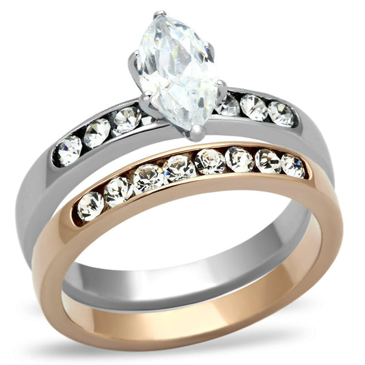  Two Tone IP Rose Gold Stainless Steel Ring with AAA Grade CZ  in Clear TK965  