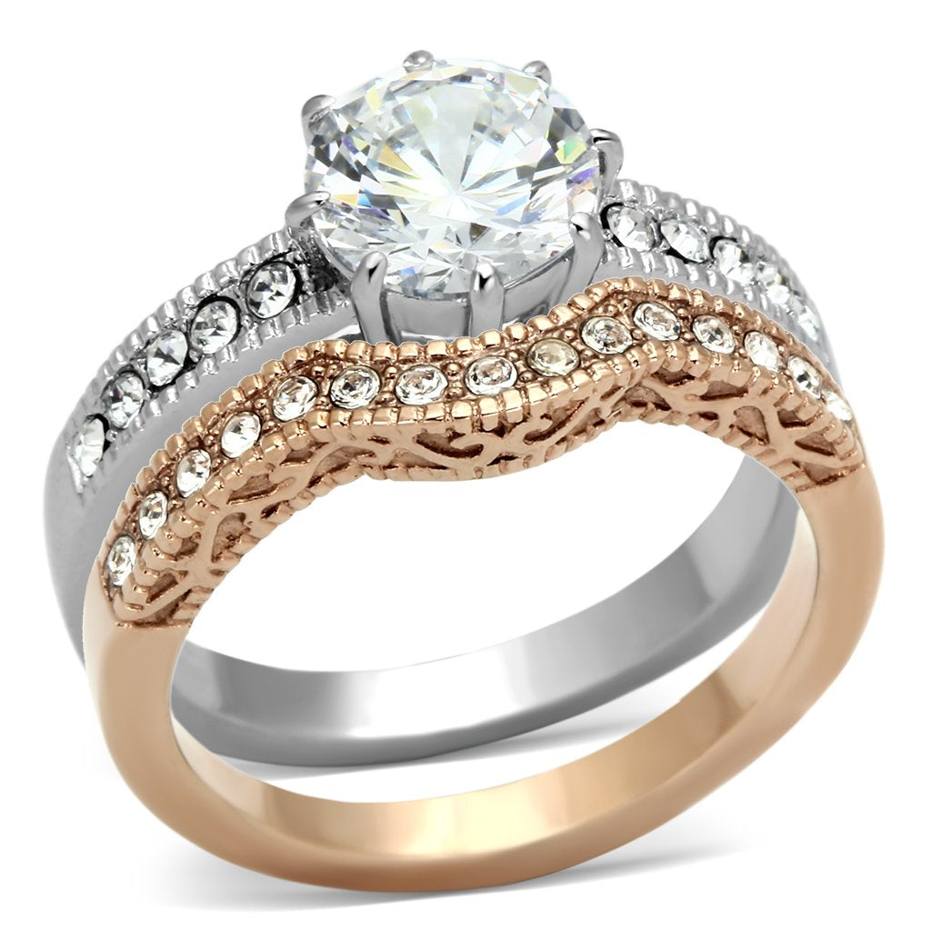  Two Tone IP Rose Gold Stainless Steel Ring with AAA Grade CZ  in Clear TK966  